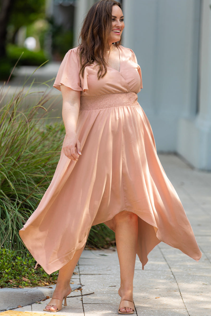 Leslie Plus Size Wide Waistband Surplice Neck Flutter Sleeve Midi Dress