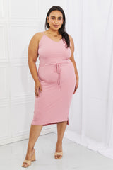 Felicity Full Size Ribbed Front Tie Midi Dress in Blush Pink