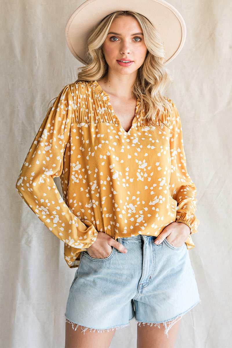 Frances Printed Notched Neck Smocked Blouse