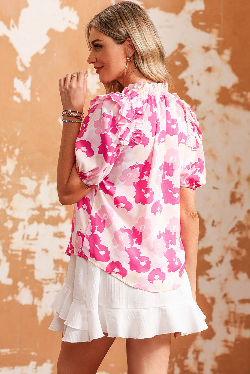 Ellie Floral Tie Neck Ruffle Shoulder Blouse