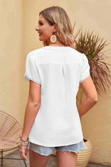 Clementine Contrast Trim Pom-Pom Detail Notched Neck Blouse