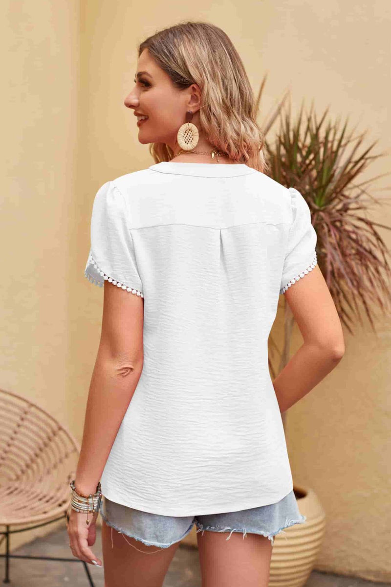 Clementine Contrast Trim Pom-Pom Detail Notched Neck Blouse