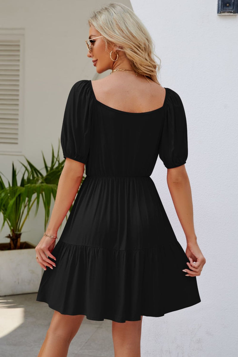Judith Ruched Square Neck Puff Sleeve Mini Dress