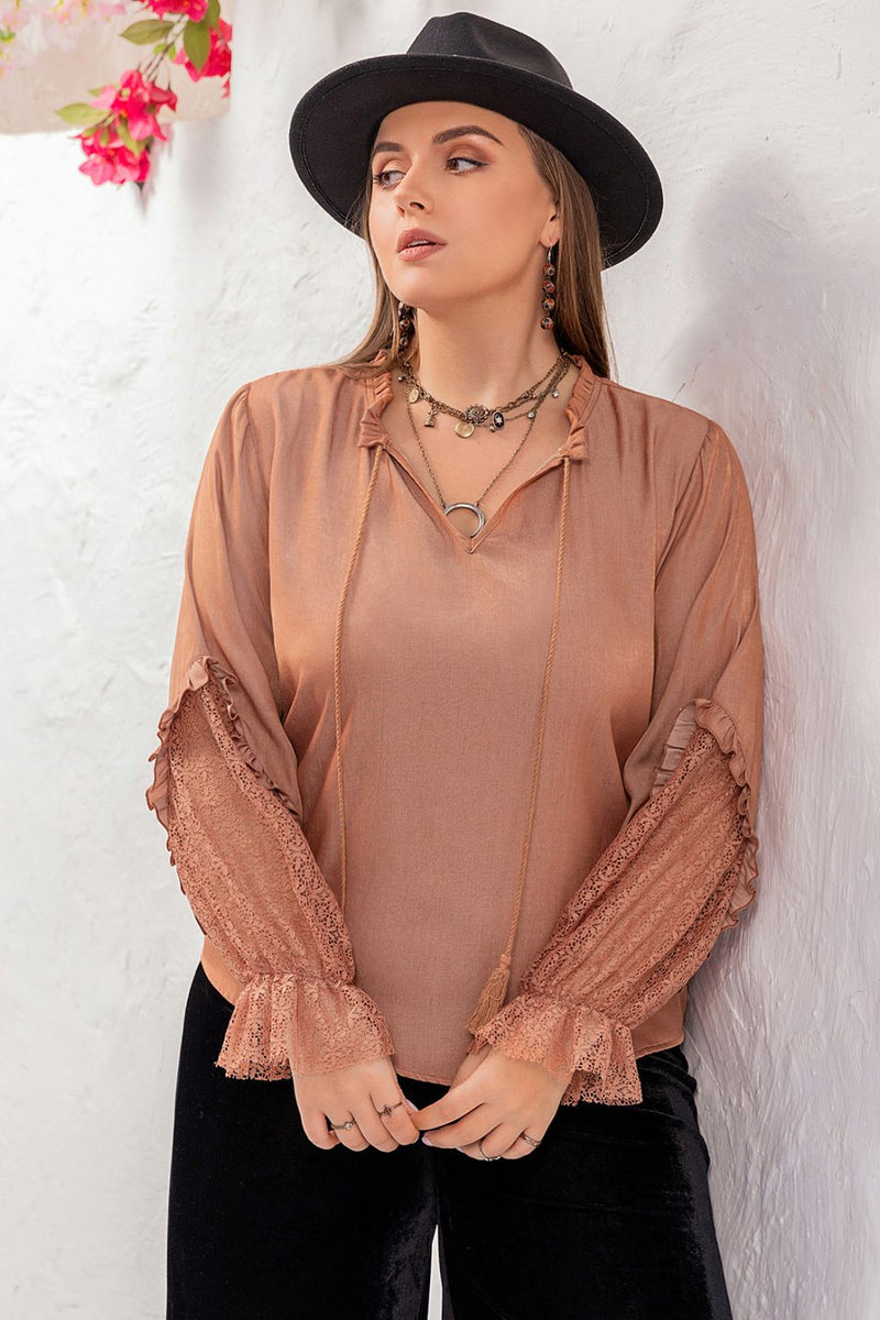 Alivia Plus Size Tie Neck Flounce Sleeve Blouse