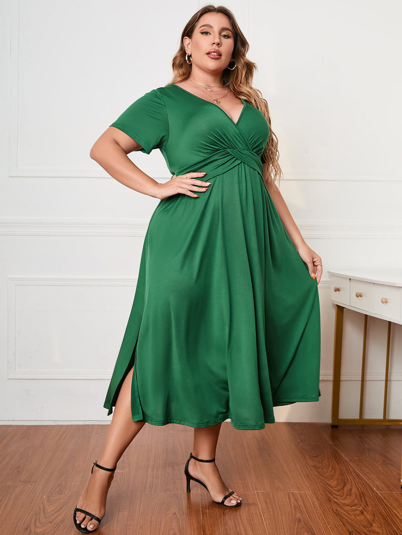 Melina Plus Size Short Sleeve Surplice Neck Midi Dress