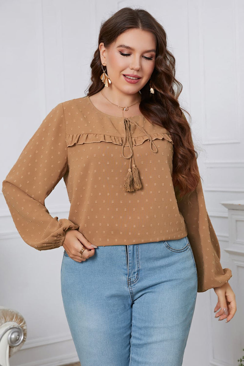 Marceline Plus Size Swiss Dot Frill Trim Round Neck Blouse