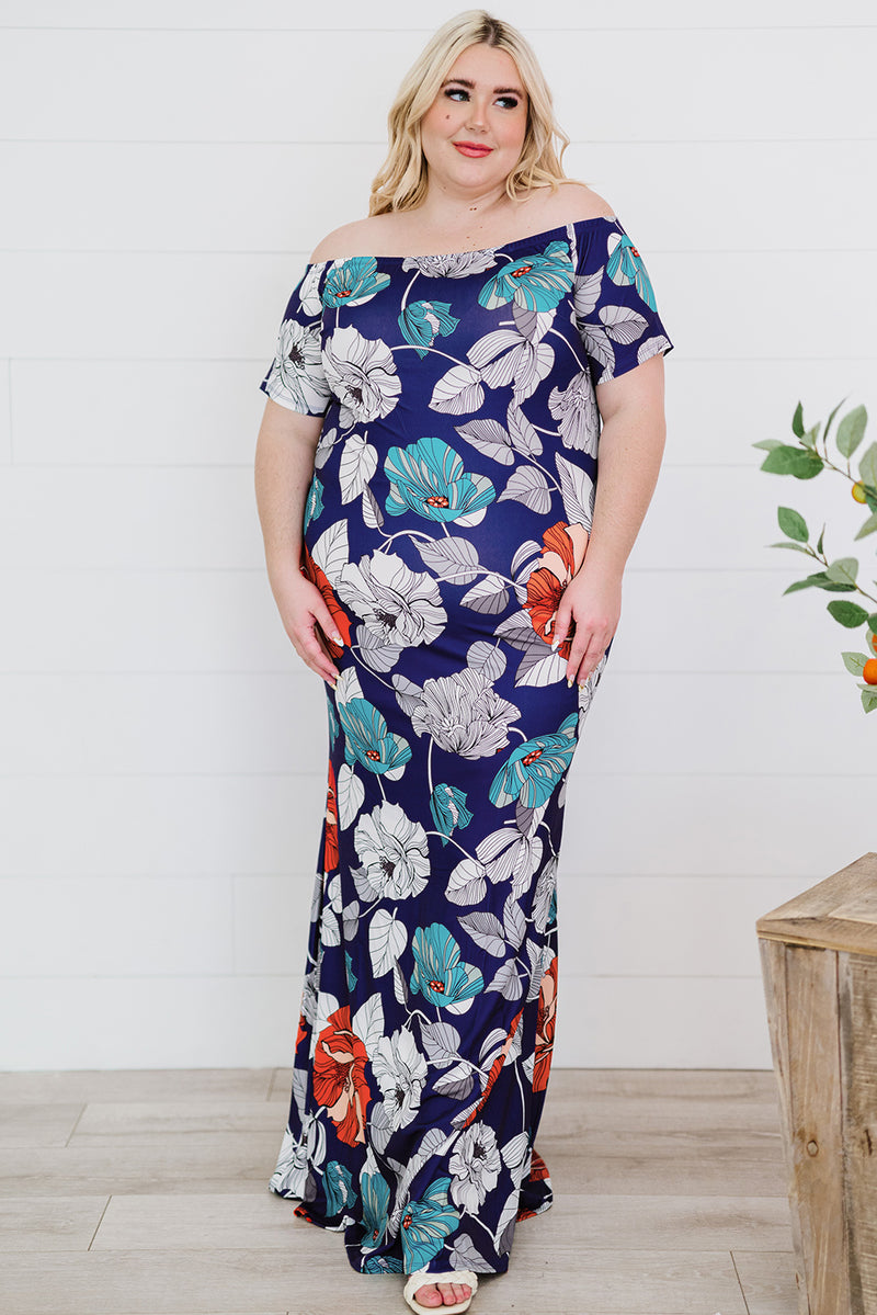 Alanna Plus Size Floral Off-Shoulder Short Sleeve Fishtail Dress
