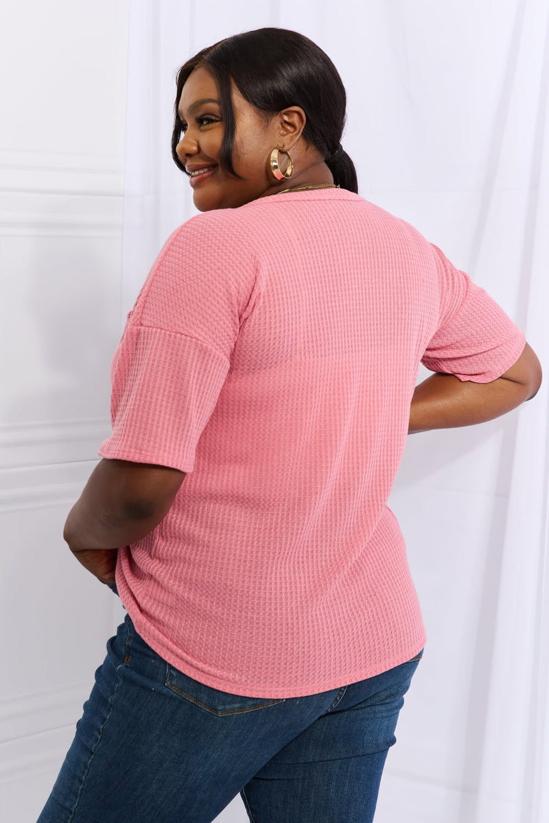 Maddox Full Size 1/4 Button Down Waffle Top in Coral