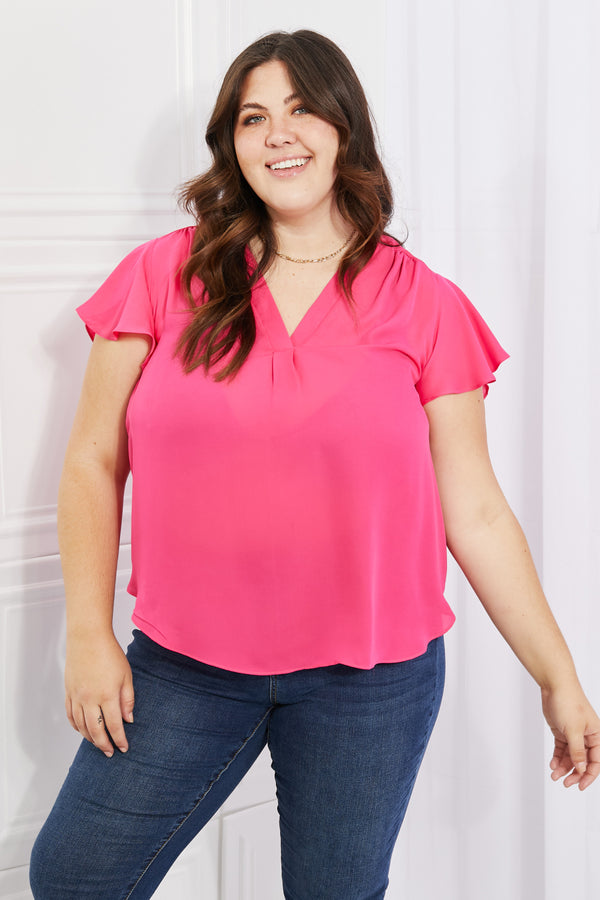 Bridget Full Size Short Ruffled Sleeve Length Top in Hot Pink