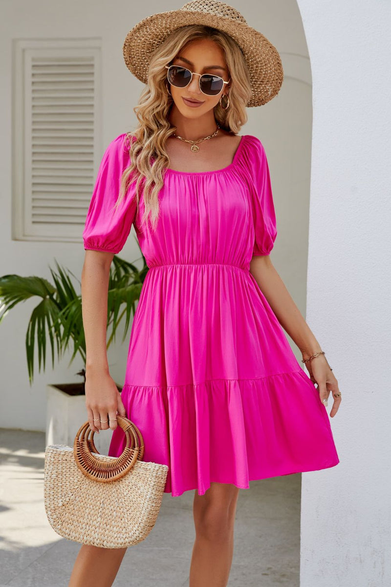 Judith Ruched Square Neck Puff Sleeve Mini Dress