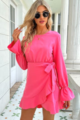 Emberlynn Round Neck Flounce Sleeve Ruffle Hem Mini Dress