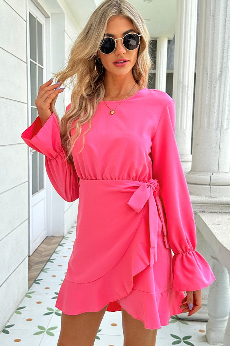 Emberlynn Round Neck Flounce Sleeve Ruffle Hem Mini Dress