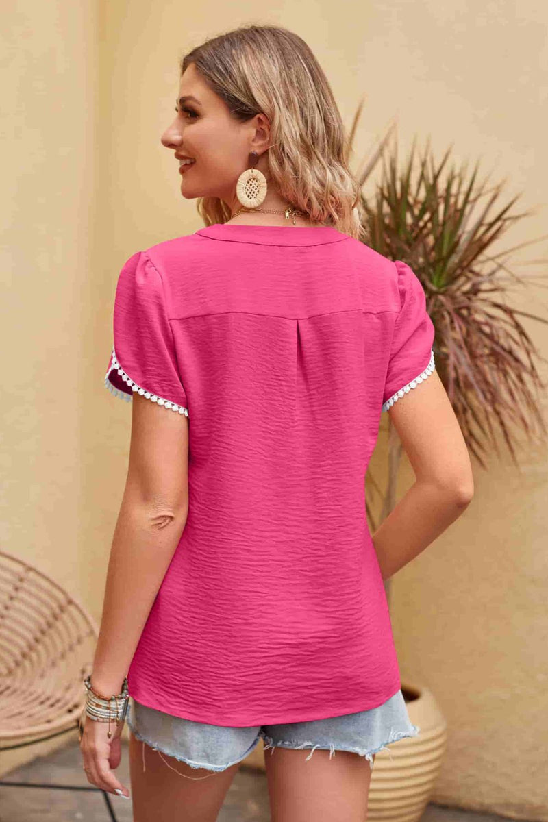 Clementine Contrast Trim Pom-Pom Detail Notched Neck Blouse
