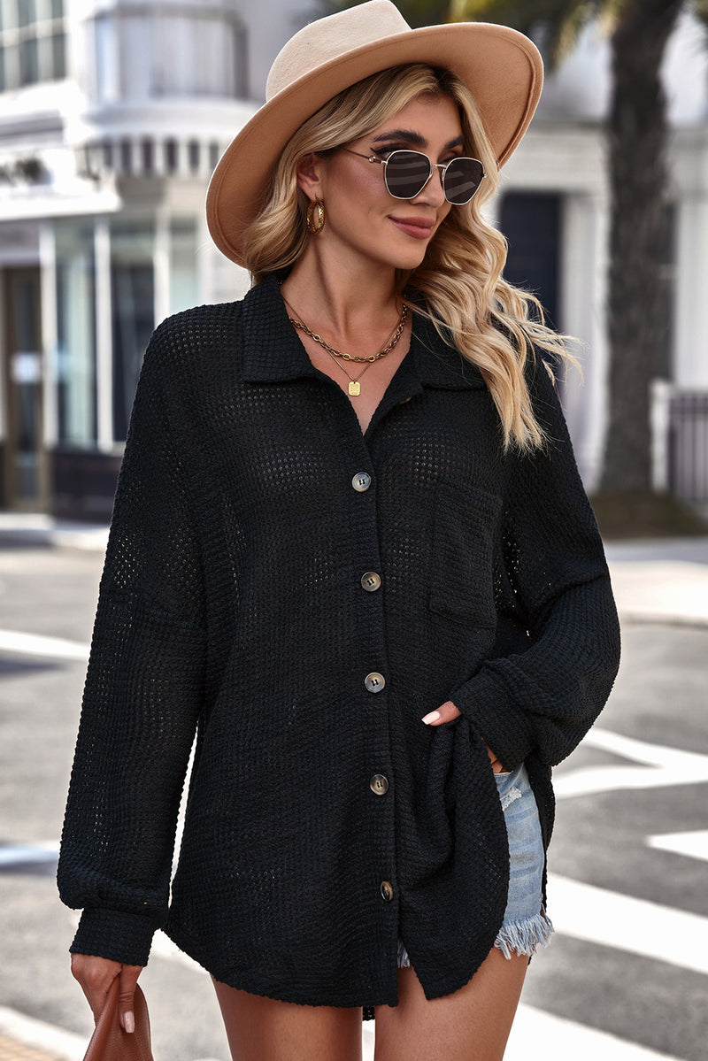 Saige Waffle-Knit Collared Neck Dropped Shoulder Shirt