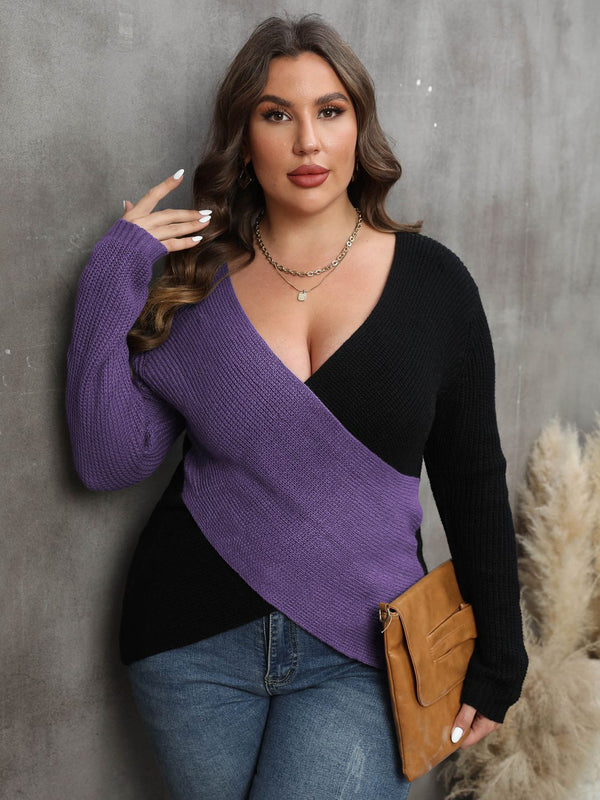Winter Plus Size Two-Tone Surplice Neck Sweater
