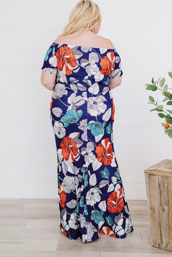 Alanna Plus Size Floral Off-Shoulder Short Sleeve Fishtail Dress