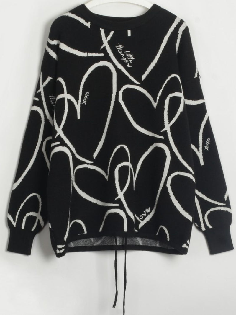 Divine Heart Pattern Drawstring Hem Sweater