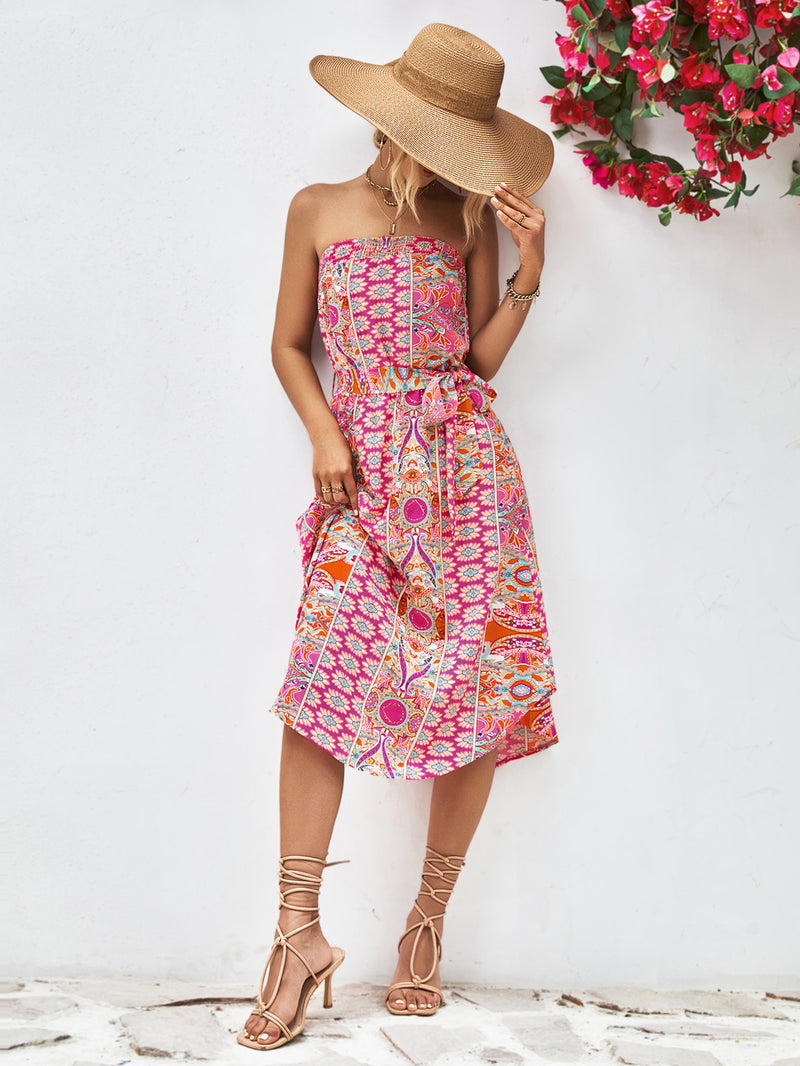 Tiana Printed Strapless Tie Belt Dress