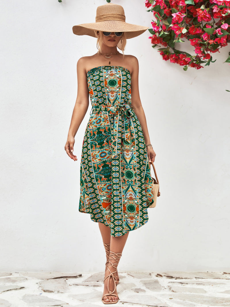 Tiana Printed Strapless Tie Belt Dress