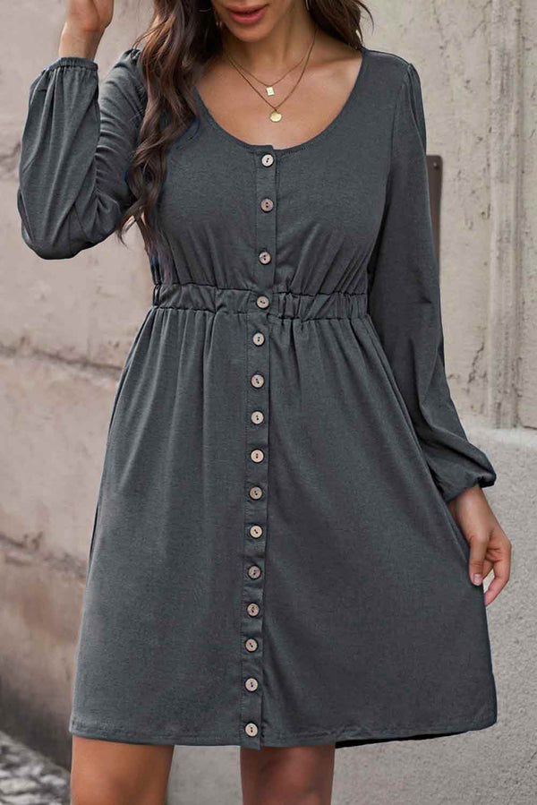 Darcy Plus Size Button Front Elastic Waist Long Sleeve Dress