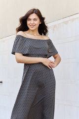 Lucia Geometric Pattern Off The Shoulder Midi Dress in Black