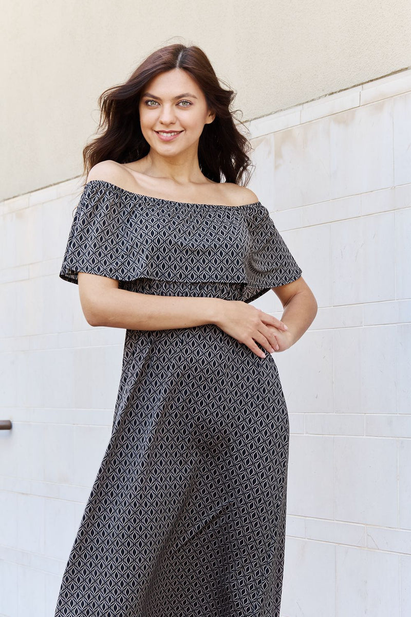 Lucia Geometric Pattern Off The Shoulder Midi Dress in Black