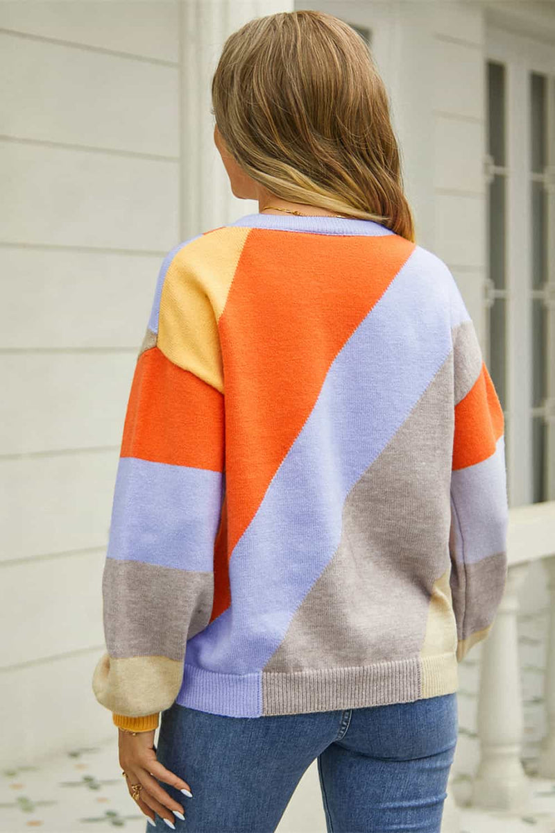 April Color Block Round Neck Long Sleeve Sweater