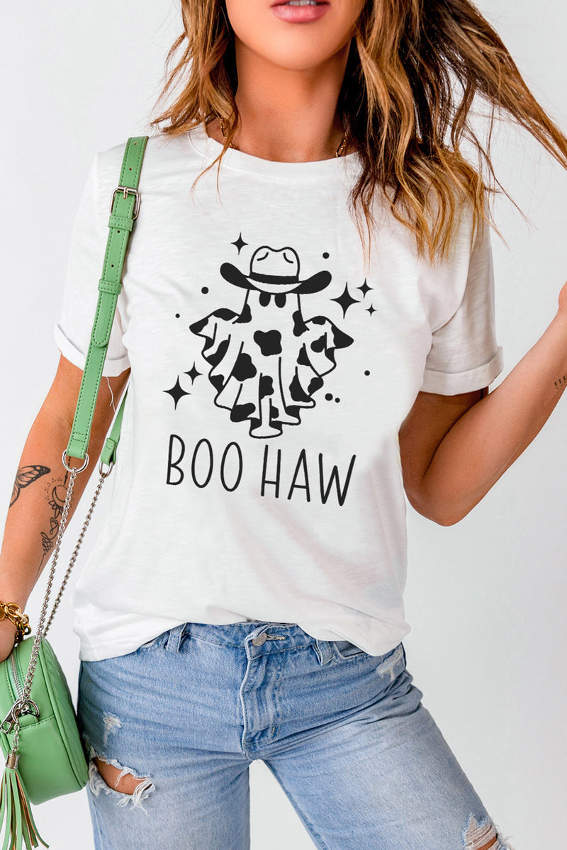Leanna V-Neck Short Sleeve BOO HAW Ghost Graphic T-Shirt