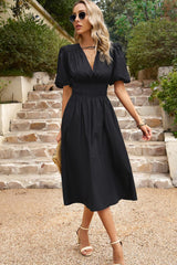 Xyla Puff Sleeve Smocked Waist Midi Dress
