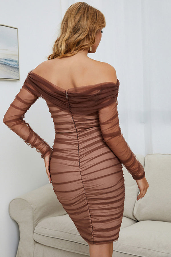 Ruth Off-Shoulder Ruched Long Sleeve Tulle Dress