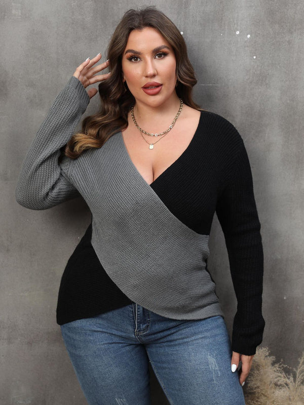 Winter Plus Size Two-Tone Surplice Neck Sweater