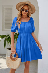 Judith Ruched Square Neck Puff Sleeve Mini Dress