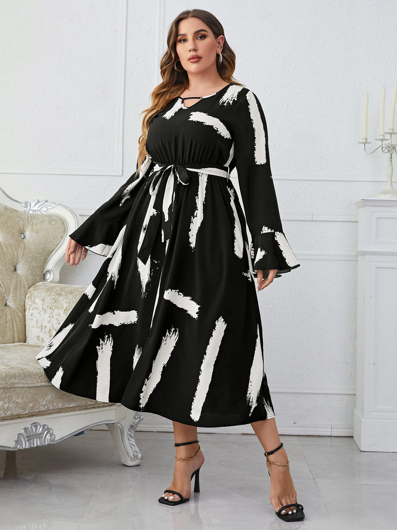 Aleah Plus Size Printed Tie Belt Flare Sleeve Round Neck Midi Dress
