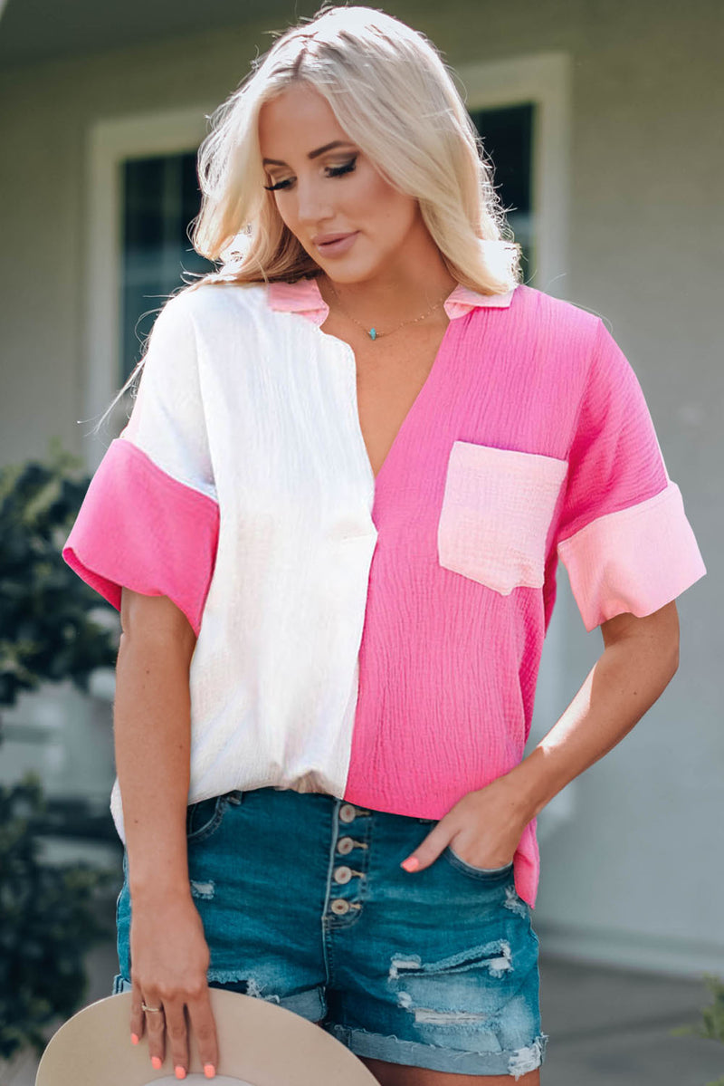 Virginia Color Block Textured Johnny Collar Blouse