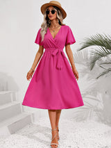 Kaliyah Surplice Neck Tie Belt Midi Dress
