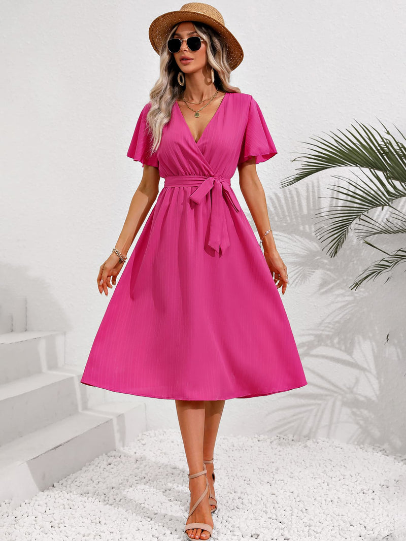 Kaliyah Surplice Neck Tie Belt Midi Dress