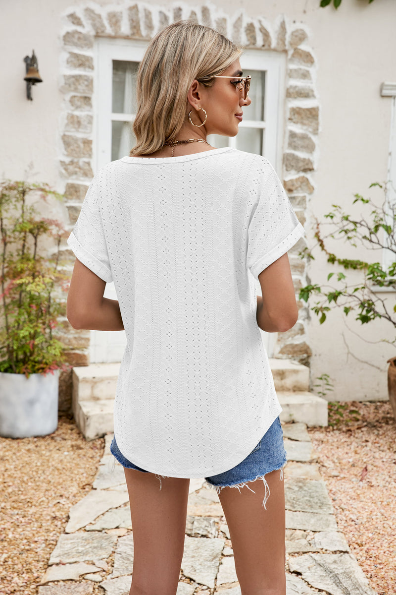 Nala Full Size Round Neck Eyelet Short Sleeve Top