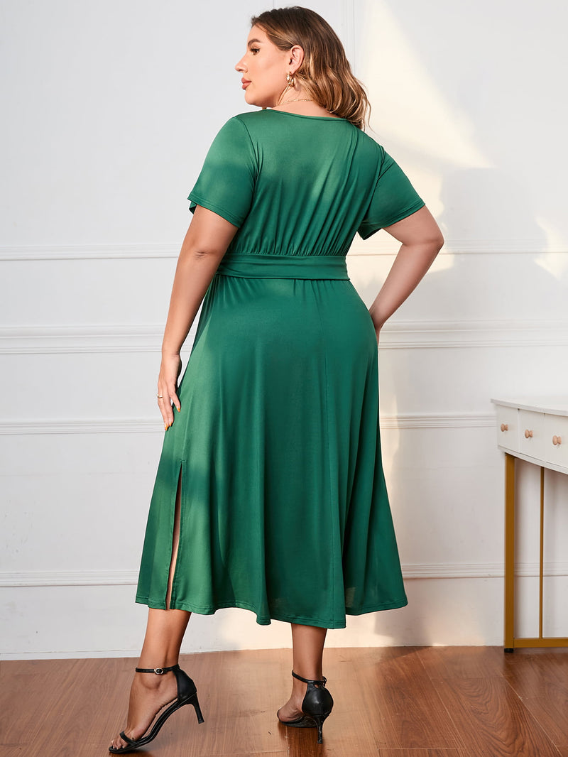 Melina Plus Size Short Sleeve Surplice Neck Midi Dress