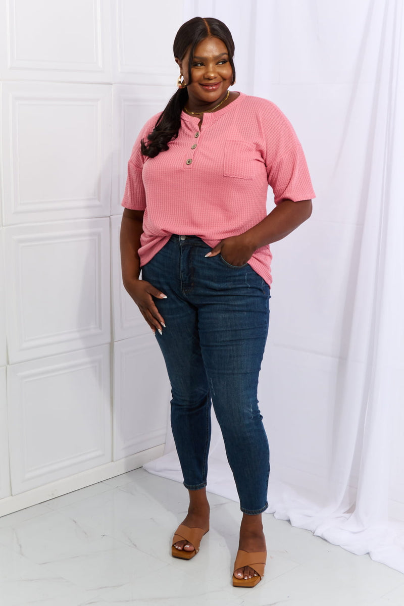 Maddox Full Size 1/4 Button Down Waffle Top in Coral