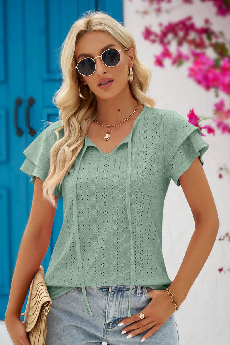 Beatrix Tie-Neck Flutter Sleeve Blouse