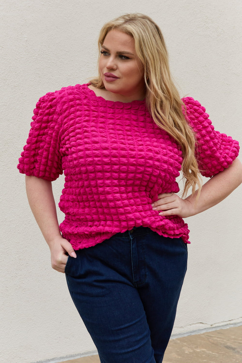 Iris Full Size Bubble Textured Puff Sleeve Top