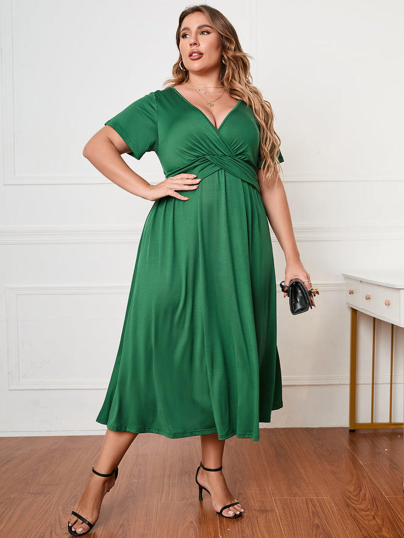 Melina Plus Size Short Sleeve Surplice Neck Midi Dress