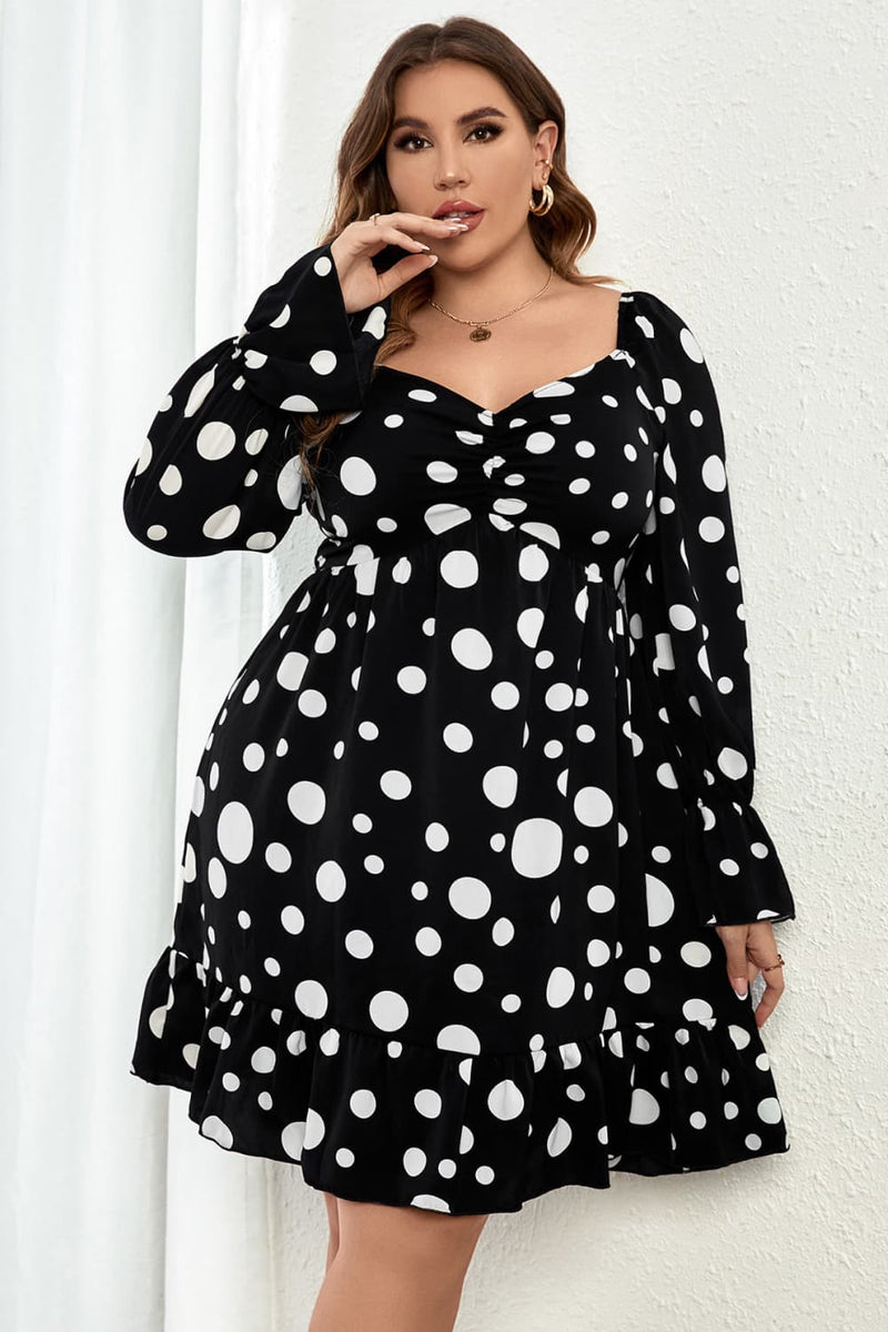 Pauline Plus Size Polka Dot Sweetheart Neck Flounce Sleeve Mini Dress