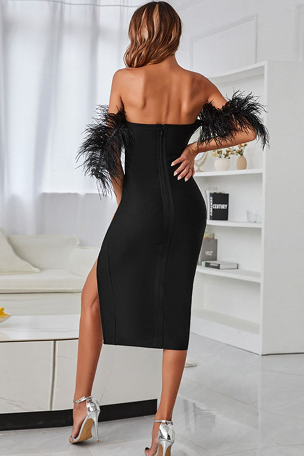 River Feather Trim Off-Shoulder Slit Bandage Dress
