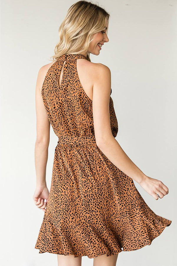 Zuri Full Size Leopard Belted Sleeveless Dress