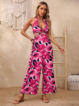 Royal Heaven Abstract Print Halter Neck Cutout Wide Leg Jumpsuit