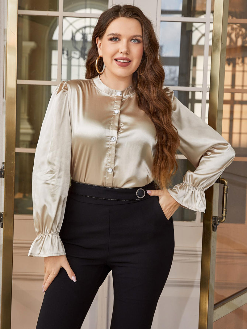 Ivy Plus Size Flounce Sleeve Band Collar Shirt