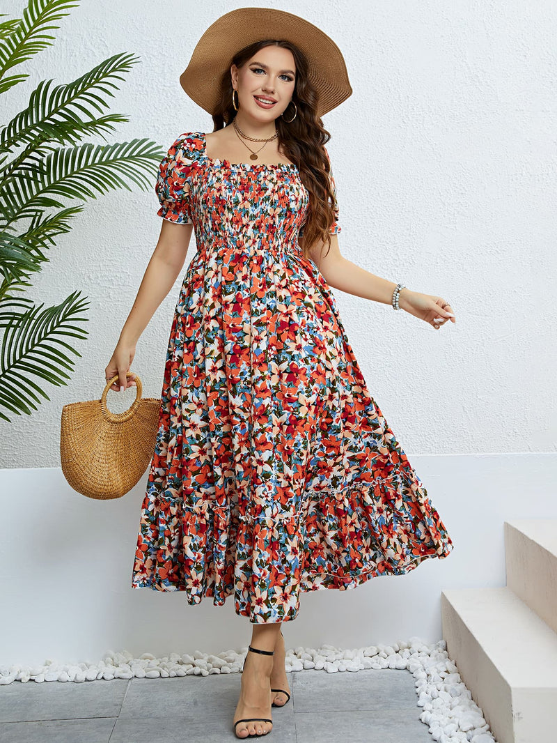 Reyna Plus Size Floral Smocked Square Neck Dress