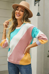 April Color Block Round Neck Long Sleeve Sweater