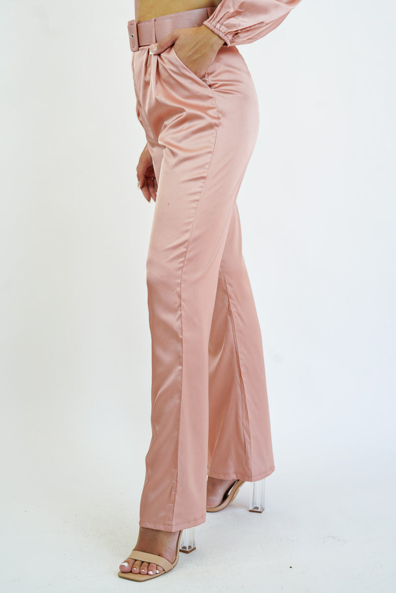 Claire Satin Front Cinch Top and Pants With Belt Set